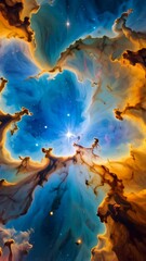 Wall Mural - Vibrant abstract cosmos image with orange clouds and a cluster of bright stars shining against a vivid blue space backdrop creating depth and wonder.