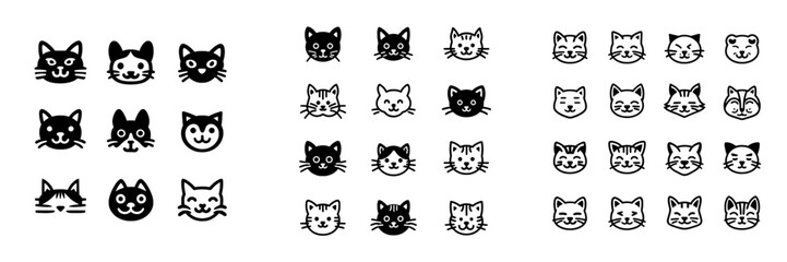 Naklejka na meble A collection of cat icons, including kittens emoji symbols, is available in simple black and white outline form as isolated cat head emoticon pictures with a modern look