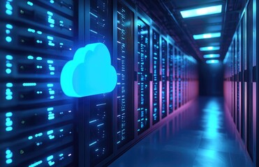 Poster - Blue 3D cloud icon glowing in a futuristic server hallway with purple and blue lights, symbolizing cloud storage, computing, and digital infrastructure in modern data centers
