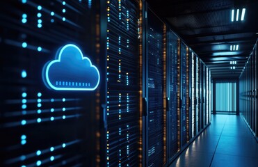Poster - Blue cloud icon glowing on dark data server racks in a high-tech hallway with digital lights, ideal for cloud computing, data storage, cybersecurity, or IT infrastructure visuals
