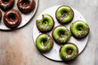 © The Picture Pantry - An assortment of chocolate and matcha glazed donuts on ceramic plates.