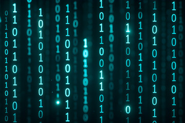 Abstract digital background with binary code representing data and technology.