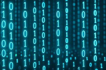 abstract digital binary code background with glowing blue numbers.