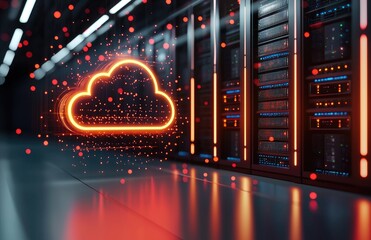 Poster - Futuristic data center with glowing orange cloud icon and digital red particles, symbolizing advanced cloud storage, secure network systems, and smart server infrastructure