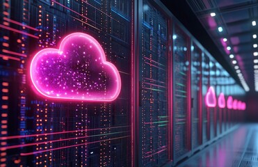 Poster - Futuristic 3D data center interior with glowing pink cloud icons on server racks, symbolizing modern cloud infrastructure, storage solutions, and digital technology systems