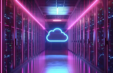 Poster - Futuristic data center hallway with glowing blue cloud icon and vivid pink neon lights, illustrating cloud storage, digital infrastructure, and advanced computing environments