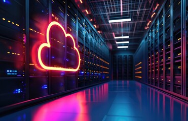 Poster - Futuristic data center hallway with glowing red cloud icon and illuminated servers, representing cloud storage, networking, and digital infrastructure in advanced IT environments