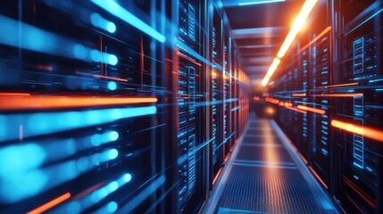 Poster - Futuristic data center corridor with glowing blue and orange lights on server racks, representing high-speed data processing, digital storage, and cloud-based infrastructure