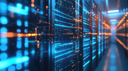 Poster - Futuristic server corridor with glowing blue lights and orange data streams, depicting advanced cloud storage, high-speed network infrastructure, and secure digital processing