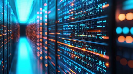 Poster - Futuristic data center hallway with glowing blue ceiling and vibrant orange data lights, representing cloud infrastructure, real-time processing, and digital storage networks