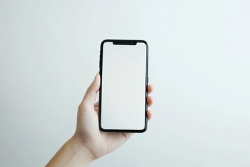 Female Hand Holding Black Smartphone with Blank Screen Isolated on White Background