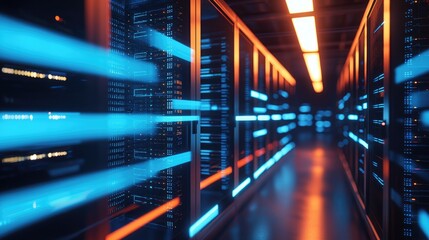 Poster - Modern data center with illuminated blue and orange fiber lines streaming across server racks, representing cloud technology, data speed, and digital infrastructure systems