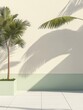 © AndiMagfira - Minimalist scene Two palm trees cast shadows on a pale wall and pale green baseboard against a light-colored floor