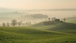 © ZaheerUDin - A misty morning landscape with rolling green hills and a small house on a hill in the distance