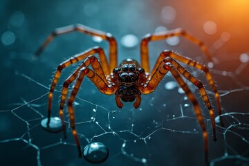 Spider Intense On Web Close-Up Against Dark Background Nature And Entomology Concept