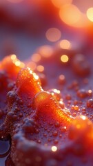 Wall Mural - Close up of a rocky surface with a lot of small, shiny, orange dots. The image has a dreamy space for text, copy space, trendy colors 2025
