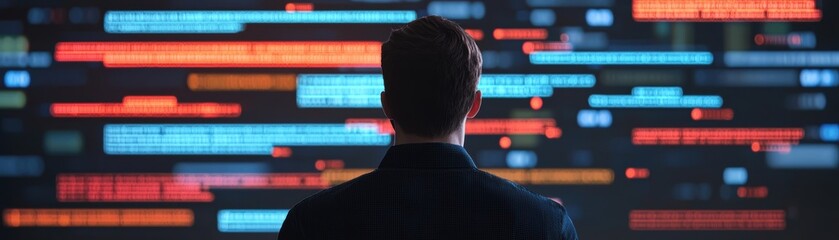 A man in a suit views a digital screen filled with colorful code and data, symbolizing programming, technology, and data analysis