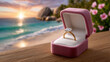 © zamuruev - Man on one knee proposing to girlfriend by ocean during sunset. Ring box highlighted against tranquil beach setting. Concept of romance, engagement, wedding planning