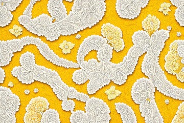 Wall Mural - an intricate pattern of white lace like floral and paisley designs against yellow background with so