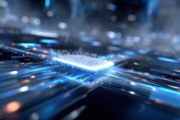 Wall Mural - glowing microchip on circuit board, representing digital transformation and technological innovation
