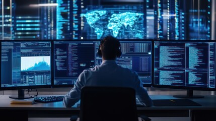 Data Analysis on Computer Screens with World Map Background