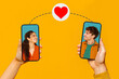 © Home-stock - Virtual date. Creative collage of young couple on the screens of smartphones, connected with string and heart, yellow background