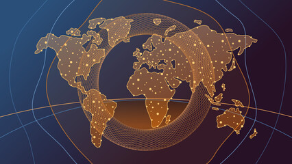 Wall Mural - quantum fractal circles background for global data concept, blue and orange tones connected dots sph