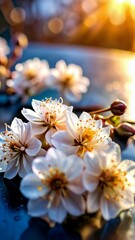 Wall Mural - Close-up of delicate white blossoms with golden centers under warm sunlight, showcasing water droplets and elegant floral details.