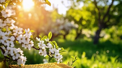 Wall Mural - Honeycomb next to blooming white flowers in a sunny green orchard or garden, highlighting spring and natural food themes