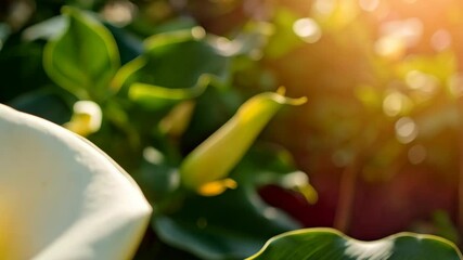 Wall Mural - Elegant calla lily blossom in lush green garden, bright sunlight illuminating delicate white petals and yellow stamen in closeup view.