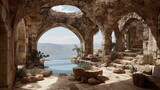 Sunlit stone courtyard with infinity pool nestled within ancient arched ruins overlooking a serene vista