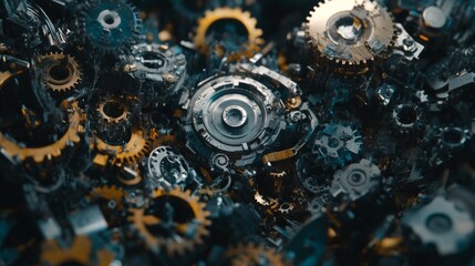 futuristic digital gears in motion on abstract dark background representing innovation, automation, 