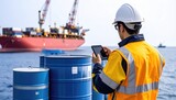 import oil oil shipment supply chain. A worker in a safety helmet and vest checks a smartphone near blue barrels, with a cargo ship in the background on a sunny day.