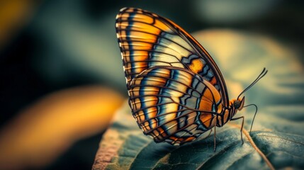 Poster - A macro photograph of a butterfly resting on a leaf, with its colorful wings spread wide, emphasizing the intricate patterns and textures