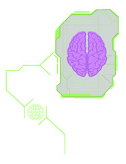 Wall Mural - Flat purple brain is floating in neon-green UI globe-icon  and  code overlays on transparent backgro