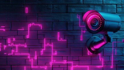 Wall Mural - modern surveillance camera with neon effect against urban background featuring futuristic elements a