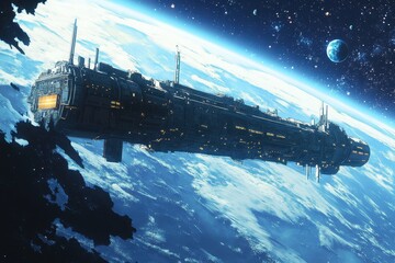 Wall Mural - space station orbits a distant planet with breathtaking cosmic views in an anime style, station in s