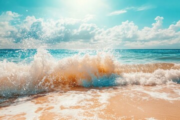 Wall Mural - Waves crashing on a sunny beach in a tropical paradise under a clear blue sky, Relaxation tropical nature Sunny day on beach with splashing waves