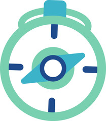 Wall Mural - flat compass icon is spinning with green rim, blue ticks, needle, top loop, transparent background