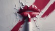 © Aiinwonderland - Red lips on a textured white board with a single red lipstick in front, showcasing a creative cosmetic advertisement concept and elegant product display for beauty, makeup, and skincare branding.