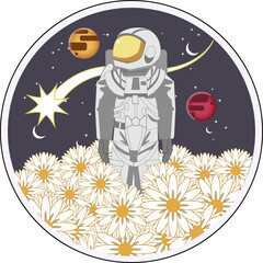 Wall Mural - Solitary astronaut is standing in flat emblem, amid daisies and planets, transparent background
