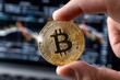 © YouraPechkin - Bitcoin coin held in hand with trading graphs in the background during a market analysis session