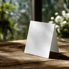 Wall Mural - blank white greeting card on a wooden table with natural lighting