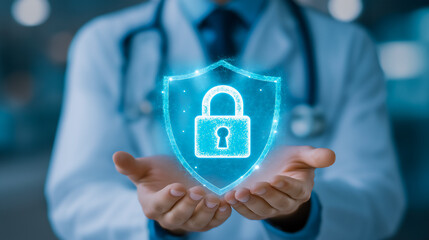 Caucasian male doctor wearing white lab coat and stethoscope, with extended hands holding virtual blue shield and lock, patient privacy concept