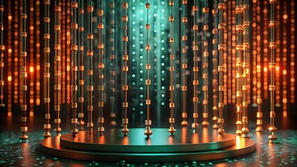 digital particle data stream in orange and teal over circular podium representing futuristic data vi