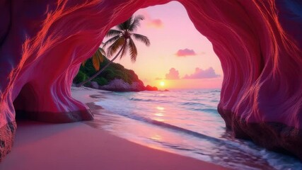 Wall Mural - A beach scene with pink rocks and a palm tree, great for use in travel or vacation themed projects.