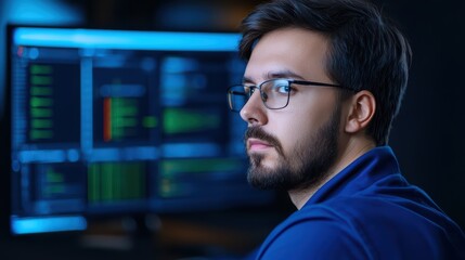 young male professional with glasses focused on coding data analysis in dark office environment with
