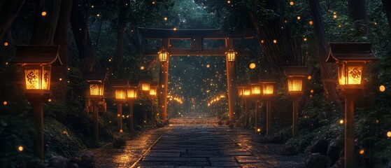 Wall Mural - illuminated pathway with lanterns leads through a wooded area at night.