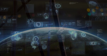 Wall Mural - Displaying Earth horizon through station window, with holographic UI charts and structural beams