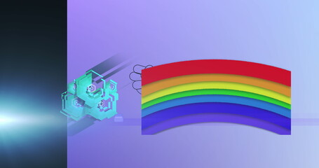 Wall Mural - Merging panel and flare in computer generated scene, with 3D cluster and rainbow arch, copy space